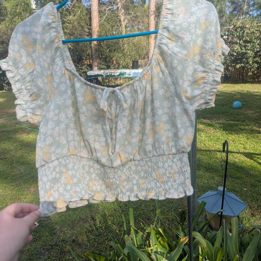 Pink Rose Light Sage Floral Smocked Crop Top with Yellow Daisies